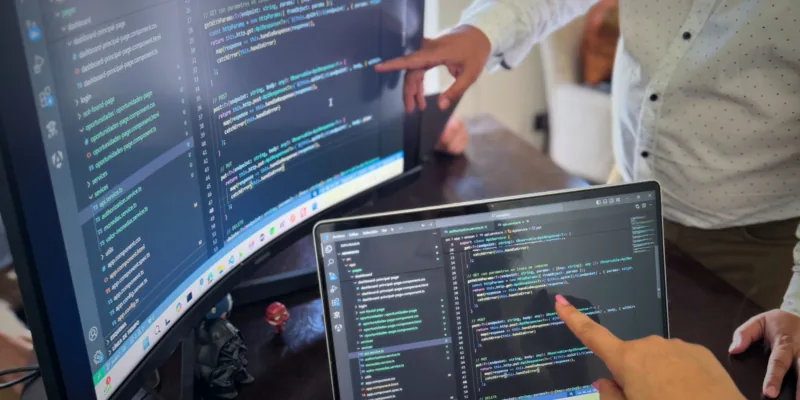 Developers reviewing code on a curved monitor and a laptop